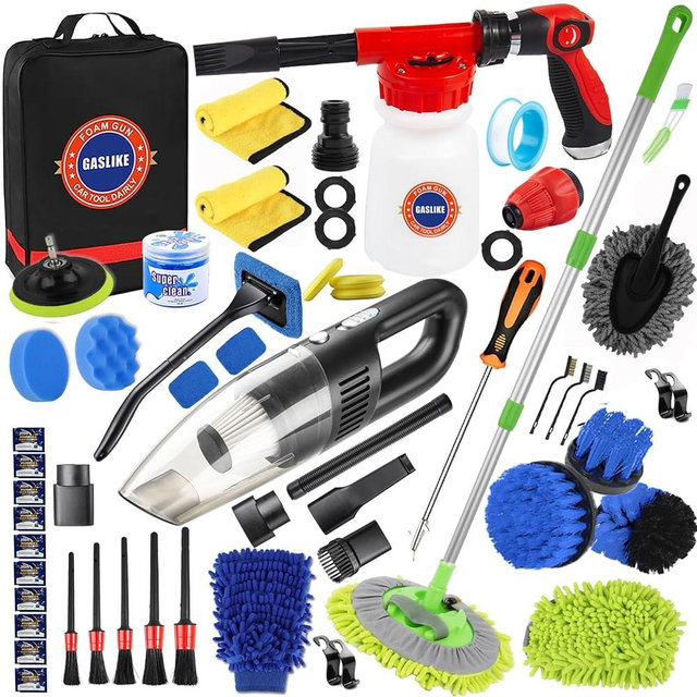 63PCS Car Wash Cleaning Kit,Car Wash Brush with Long Handle,Car Detailing Kit with Foam Gun,Car Cleaning Supplies,Handheld Vacuum, Car Detailing Kit
