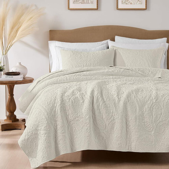 palassio Beige Paisley 100% Cotton Quilt Queen Size Bedding Sets with 2 Pillow Shams, Boho Floral Lightweight Farmhouse Country Vintage Soft Bedspread Shabby Chic Coverlet for All Season, 3 Pieces