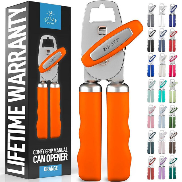 Zulay Kitchen Heavy Duty Stainless Steel Can Opener Manual with Bottle Opener - Rust Proof Manual Can Opener With Turn Knob & Comfy Soft Grip Handles - Orange