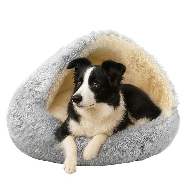 ShinHye Round Plush Fluffy Hooded Cat Bed Cave, Cozy for Indoor Cats or Small Dogs, Waterproof Bottom, Washable（30 in）