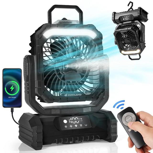 Odoland Portable Misting Fan with Light, 30000mAh Rechargeable Battery Camping Fan with 2 Spray Mister, Outdoors Tent Ventilador with Remote and Hook for Indoor Cooling Hiking Patio, Black