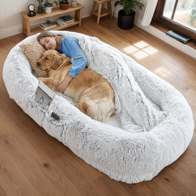 JVNOXKHuman-dog shared dog bed, washable faux fur dog bed for human relaxation and napping, orthopedic design Gray（Blanket and pillow not included）