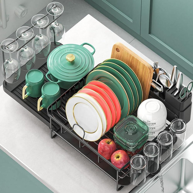 Urackify Expandable Dish Drying Rack for Kitchen Counter, Large Extendable Dish Rack with Wine Glasses, Cups and Cutlery Holders, Dish Dryer Drainer with 360°Swivel Spout
