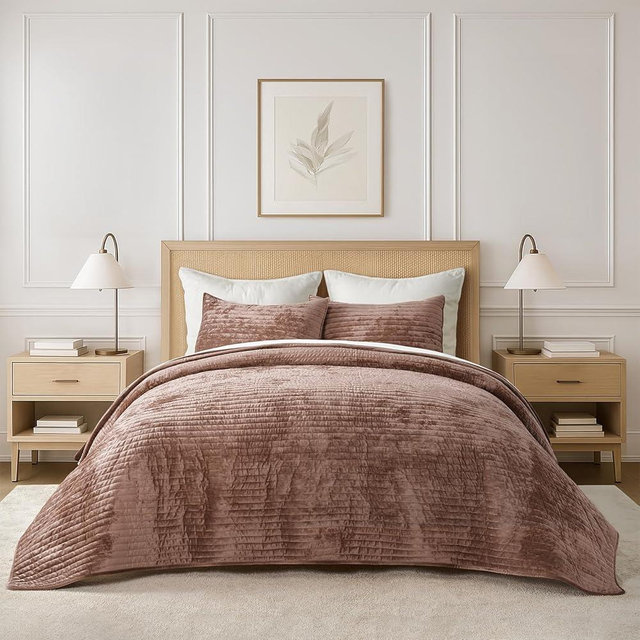 EVERGRACE Velvet Quilt Set King Size, Luxurious Soft Striped Channel Bedding Set, Lightweight Velvet Comforter for All Season, Oversized Bedspread Coverlet with 2 Matching Shams, Terracotta Clay