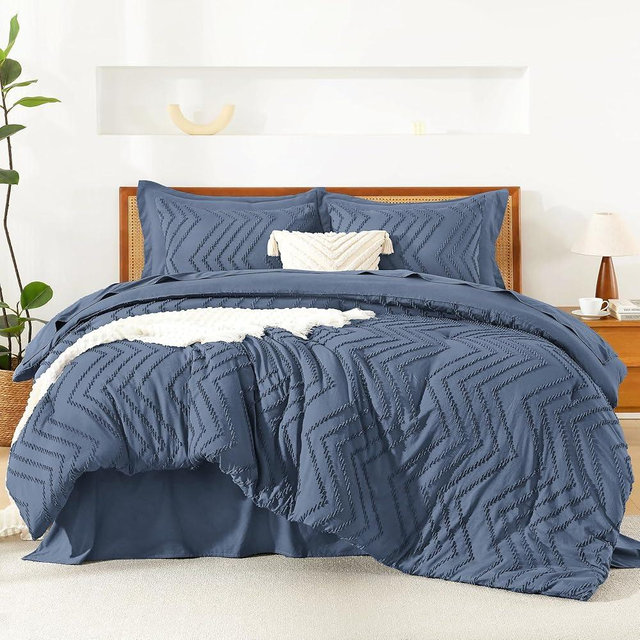 Litanika King Size Comforter Set with Sheets Ocean Blue - 7 Pieces Bed in a Bag King Chevron Tufted Complete Beddding Sets with Comforter, Sheets, Pillowcases & Shams
