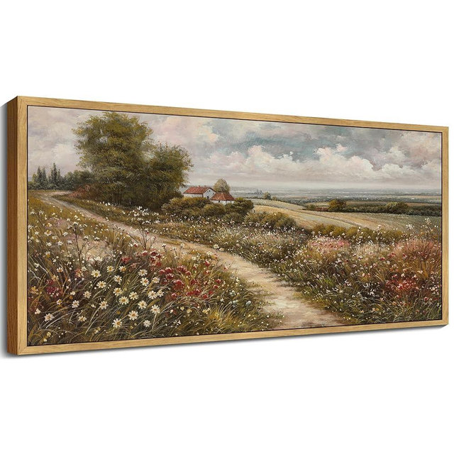 KUVIOKE Vintage Landscape Framed Wall Art 20x40in Large Countryside Meadow Wildflower Field Wall Prints Classic Retro Farmhouse Rustic Decorations for Living Room Bedroom (Natural Framed)