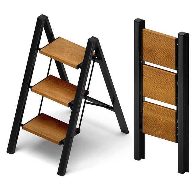 Taranta 3 Step Ladder,Aluminum Lightweight Folding 3 Step Stool with Anti-Slip Wide Pedal, 330lbs Capacity Step Ladder for Household,Kitchen,Office - BlackWoodgrain