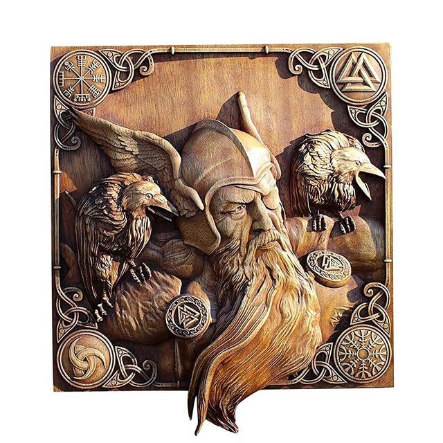 Odin Ravens Viking Mythology Icon Home Decor, Norse Thor Wood Hugin Munin Pagan Gods Carving Heathen Asatru Celtic Norse Rune Wall Hanging Sculpture (C)