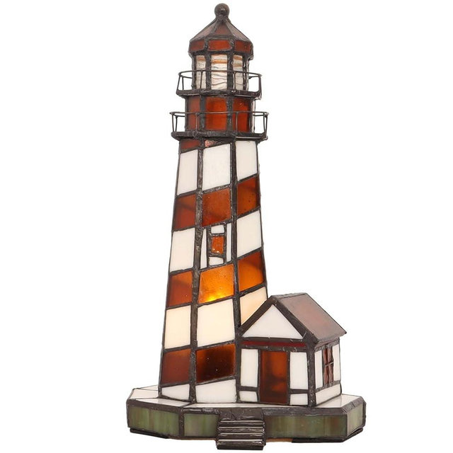 Bieye L10616 Lighthouse Tiffany Style Stained Glass Accent Table Lamp Night Light for Home Decoration (6x6x11, Amber)