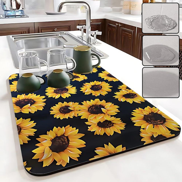 Ruhuayoupin Dish Drying Mat Foldable Dish Rack For Kitchen Counter Absorbent Over Dish Drying Racks,Multi-Purpose Dish Drainers For Kitchen Counter Easy To Clean (Sunflower, 1 Pack)