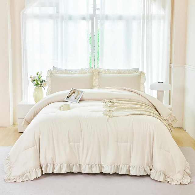 ANGIYUIN 5 Pieces Camel Ruffled Full Size Bedding Sets for Kids Girls Shabby Boho Bed in A Bag Lightweight Fluffy Bed Comforter Sets with Sheets(Camel Full)