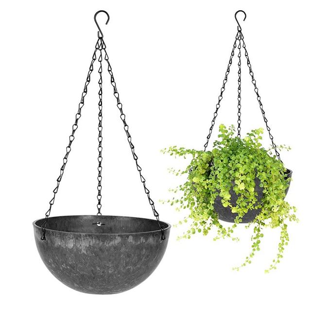 Hanging Planters for Indoor Plants, wiwoo 12 Inch Hanging Basket Flowers Pot with Drainage Hole and Plugs for Outdoor Balcony Patio House Garden Decoration Set of 2, Marble Pattern - Dark Grey