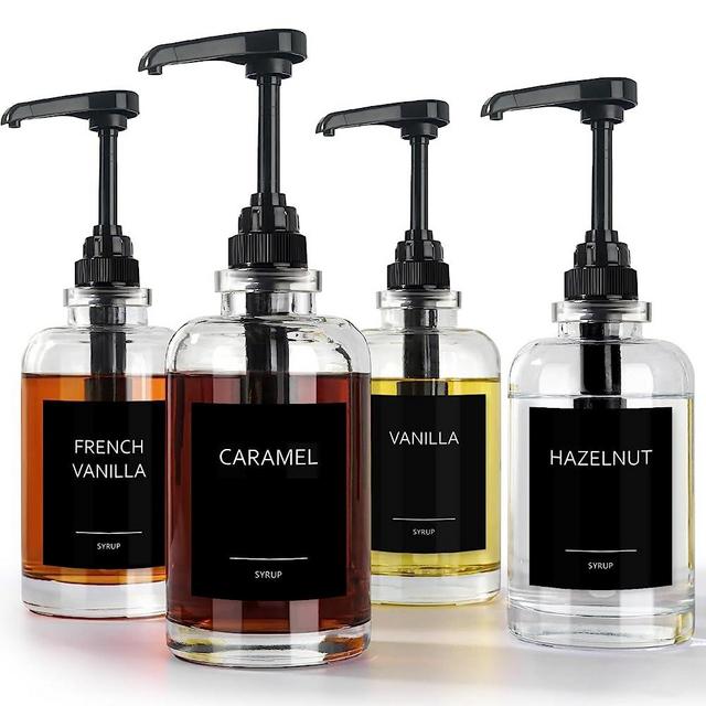 GMISUN Coffee Syrup Dispenser for Coffee Bar, 4 Pack Syrup Pump Dispenser with 1/4oz Large Capacity Pump, Coffee Syrup Bottles for Coffee Syrup, Glass Syrup Dispenser Bottle for Syrup, Organizer