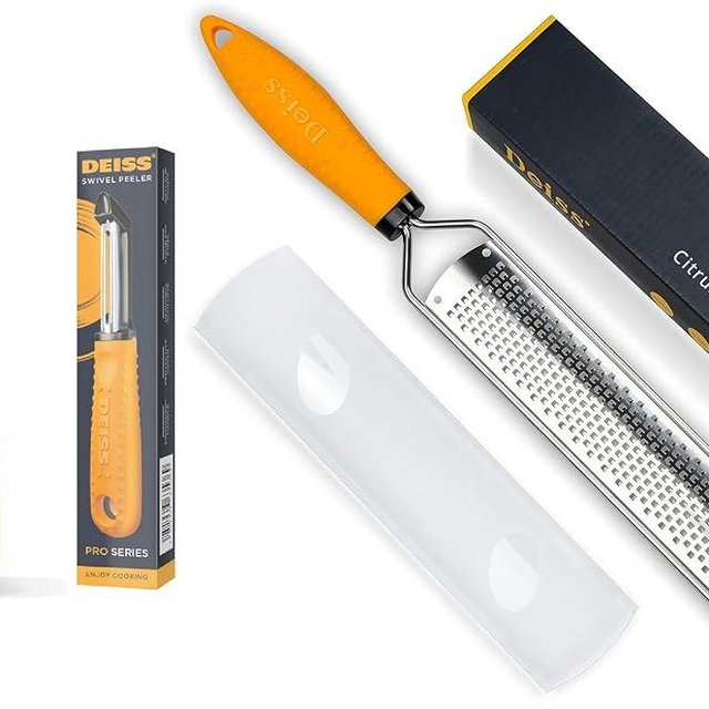 Deiss PRO Lemon Zester & Heavy Duty Cheese Grater, Vegetable Grater and Swivel Vegetable Peeler - Sharp Stainless Steel Peeler With Easy Non-Slip Hand Grip