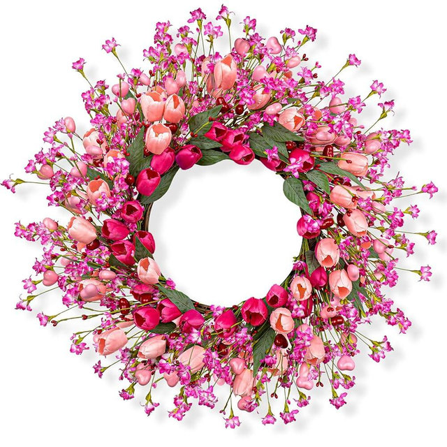 J'FLORU 22 Inch Valentines Day Wreath Pink Valentine's Day Wreaths for Front Door Tulip Wreath with Red Hearts and Berries for Valentine Wedding Anniversary Candlelight Dinner