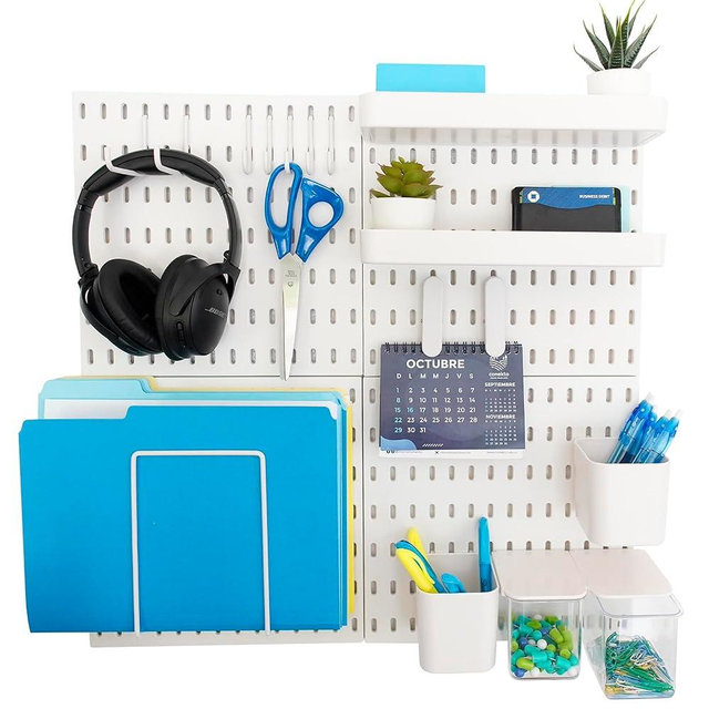 BeyondNovelties Pegboard Combination Kit, 4 Pegboards and 16 Accessories Modular Hanging for Wall Organizer, Crafts Organization, Ornaments Display, Nursery Storage, 22" x 22", White | Peg board