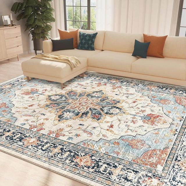 RELEANY 9x12 Area Rugs 9x12, Washable Rug, Non-Slip, Rugs for Living Room, Kitchen Rugs, Rugs for Bedroom Entryway Rug, Vintage Rugs Boho Floral Medallion, Low Pile, Soft, Beige Dark Blue Navy Red