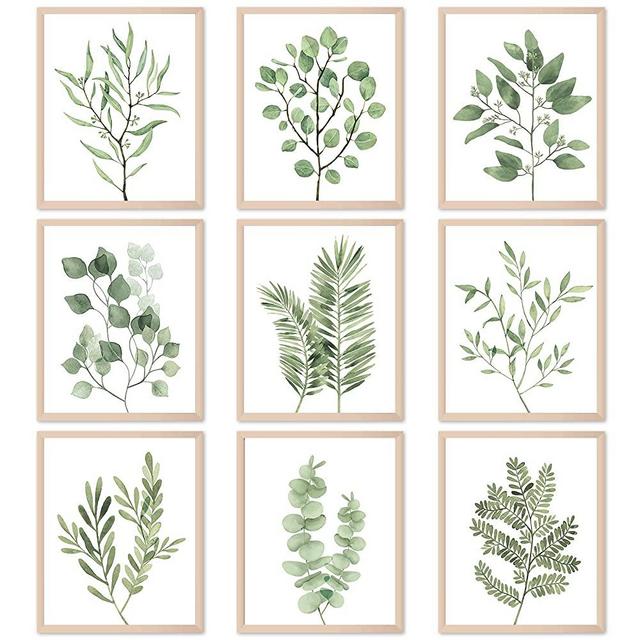 9PCS Botanical Plant Wall Art Prints Green Plant Wall Decor Boho Herb Wall Decor Pictures Minimalist Wall Art Photo Prints for Living Room Kitchen Leaves (8"x10", Unframed)