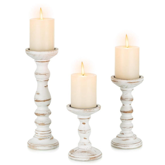 Candeldo Wood Candle Holders for Pillar: Rustic Candles Holder Set of 3 Tall Table Centerpiece Decor Wooden White Farmhouse Decorations for Fireplace Mantle
