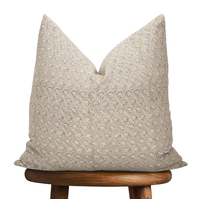 Maison De Blocs Hand-Block Printed, Artisan-Made Neutral Accent Throw Pillow Covers- 100% Cotton Cushion for Sofa, Bed, Chair, Home Decor, Boho, Indoor - Amelie (Beige_2, 20" x 20" (Pack of 1))