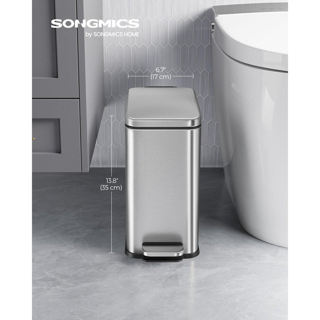 Slim 2.6 Gallon Bathroom Trash Can - Stainless Steel Garbage Bin with Soft-Close Lid & Foot Pedal, Space-Saving Design, Silver