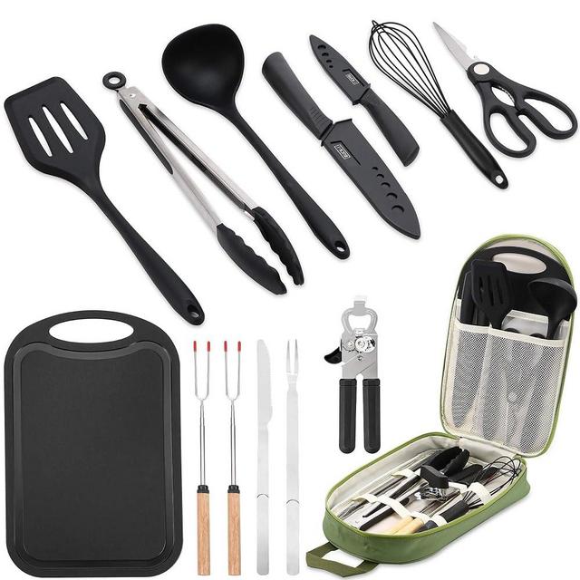 Wesqunie Camping Cooking Utensils Set - 14Pcs Camping Kitchen Cookware Set, Portable Outdoor Camping Essentials Accessories, Stainless Steel & Silicone, Camping Gear Equipment for RV Picnic Grill