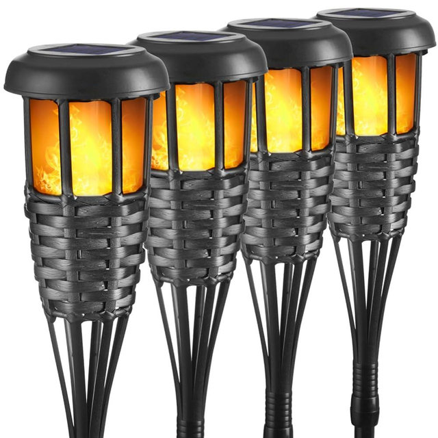 Solar Torch Light with Flickering Flame, 4 Pack Waterproof Bamboo Torches Hand-Woven Rattan Solar Tiki Torches for Outside Patio Yard Garden Lawn (Black-4 Pack)