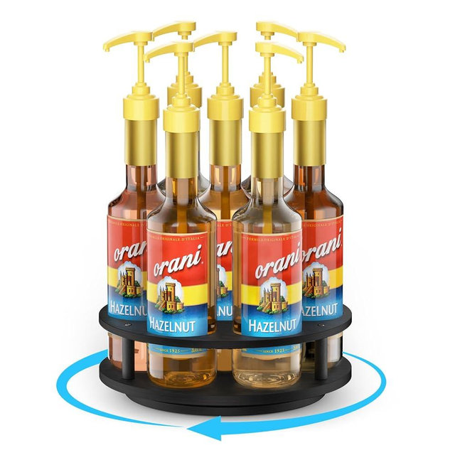 THYGIFTREE Rotating Coffee Syrup Organizer 7 Bottles Syrup Rack for Countertop Wood Syrup Bottle Holder Stand for Coffee Bar Station, Turntable Wine Display Tray, Black