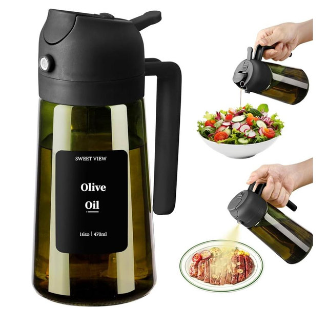 Olive Oil Dispenser and Oil Sprayer – 16oz/470ml Glass Light-Proof Oil Pourer for Kitchen, Air Fryer, Cooking, Salad, and BBQ