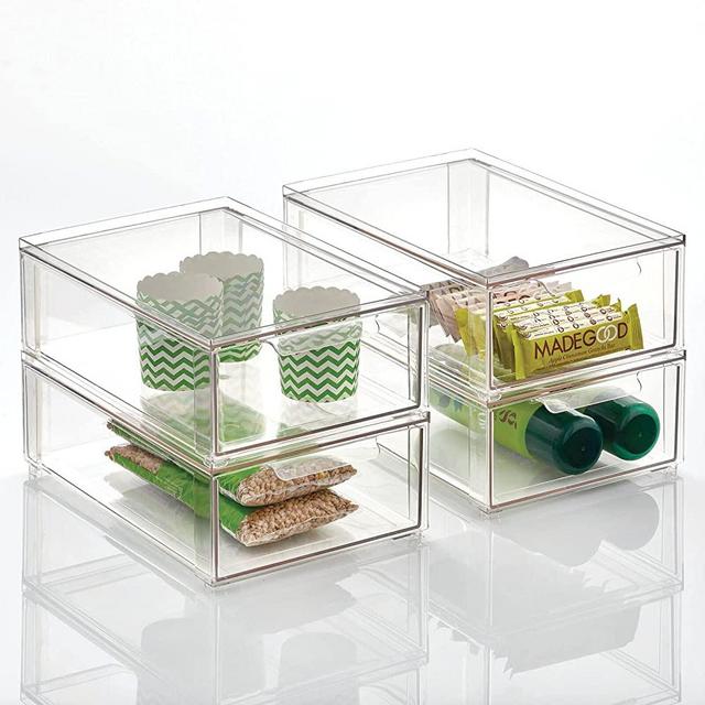 mDesign Plastic Stackable Kitchen Pantry Cabinet, Refrigerator or Freezer Food Storage Bin with Pull-Out Drawer - Organizer for Fruit, Yogurt, Snacks, Pasta - 4 Pack - Clear