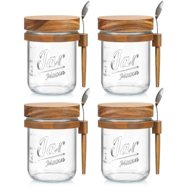 LANDNEOO 16.9 oz Overnight Oats Containers with Lids and Spoons, 4 Pack Glass Mason Overnight Oats Jars with Wooden Lids, Large Capacity Airtight Jars for Milk, Cereal, Fruit