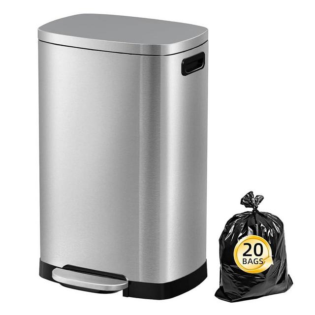 KdbK 13 Gallon Trash Can with Lid, 50L Fingerprint Proof Stainless Steel Kitchen Trash Can with Removable Inner Bucket and Lid Soft Close, Pedal Rubbish Bin for Home Office