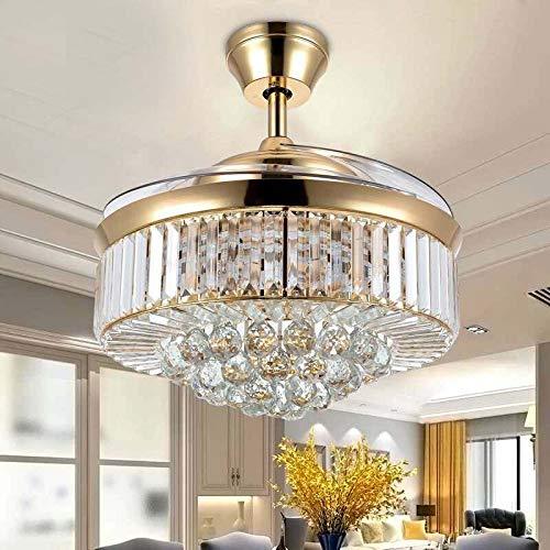 MINGSHOP 42 inch Crystal Ceiling Fan Light, LED Chandelier Fan with Remote Control Invisible Retractable Blade Extension Design, Dimmable Wind Speed Decorative Pendant Lamp(Gold)