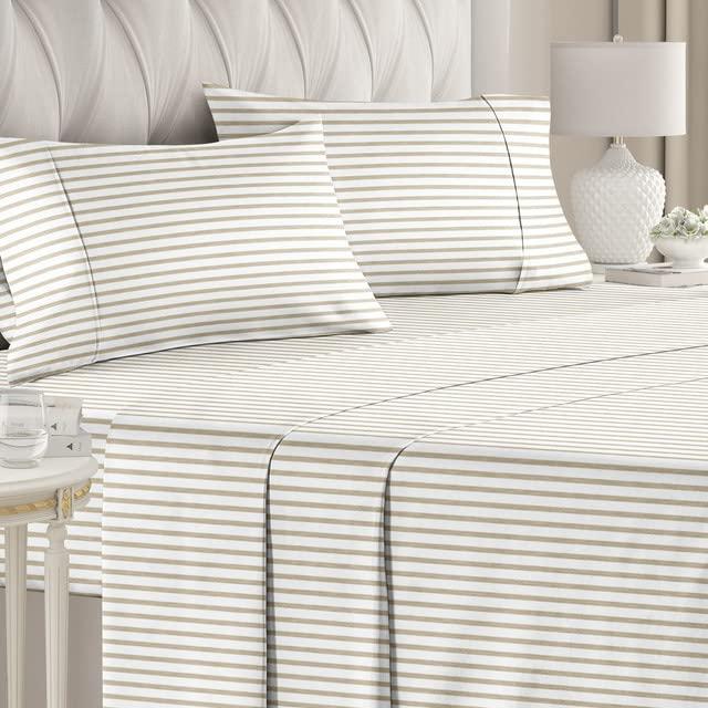 Striped Bed Sheets - Pin Striped Sheets - Beige Sheets - Tan Striped Sheets - Queen Striped Sheets - Hotel Luxury Bed Sheets - Deep Pockets - Breathable & Cooling Sheets - Breathable & Cooling