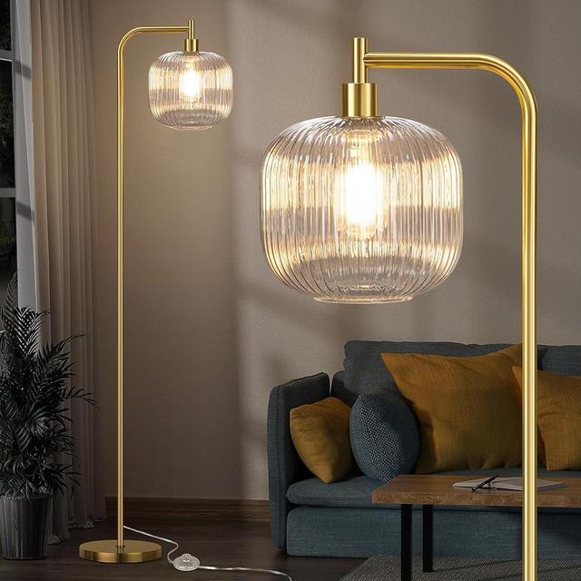 QiMH Glass Floor Lamp for Living Room, Modern Standing Lamp with Ribbed Clear Glass Lampshade Pedal Switch, 67” Tall Lamp for Bedroom Study Room, Brushed Gold (2700K LED Bulb Included)