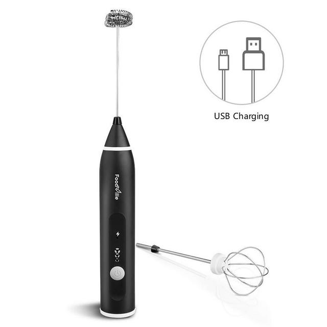 FoodVille MF02 Rechargeable Milk Frother Handheld Electric Foam Maker with Stainless Steel Balloon Whisk for Bulletproof Coffee, Keto, Frappe, Latte, Cappuccino, Hot Chocolate Black