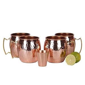 A29 LLC - Moscow Mule Copper Mugs - Set of 4-100% HANDCRAFTED Food Safe Pure Solid Copper Mugs - 16 oz Gift Set with BONUS: Highest Quality 4 Cocktail Copper Straws and 1 Shot Glass with Recipe Booklet!