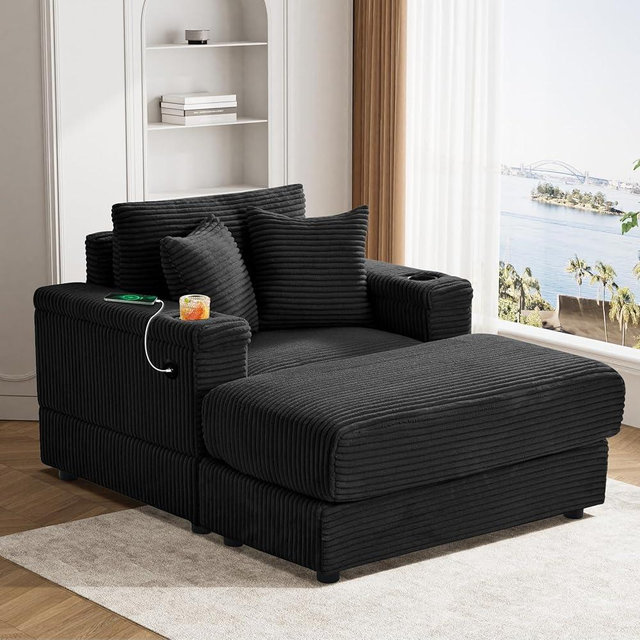 Oversized Chaise Lounge Chair Indoor with USB & Cup Holder, Solid Wood Frame Corduroy Sofa Couch Chair with Ottoman Reading Gaming Chair for Living Room, Apartment, Study Room, Playroom - Black