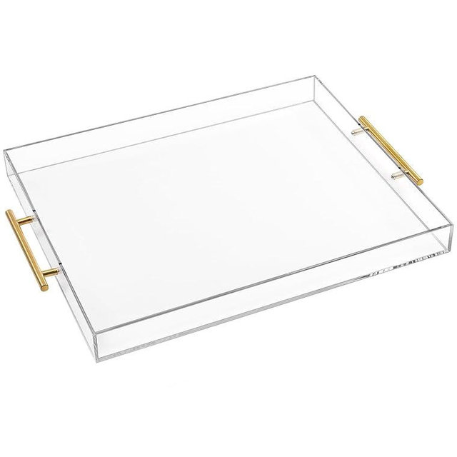 Large Clear Acrylic Serving Tray (16×18 Inches) with Gold Handles Spill Proof Acrylic Decorative Tray Organiser for Ottoman Coffee Table Countertop