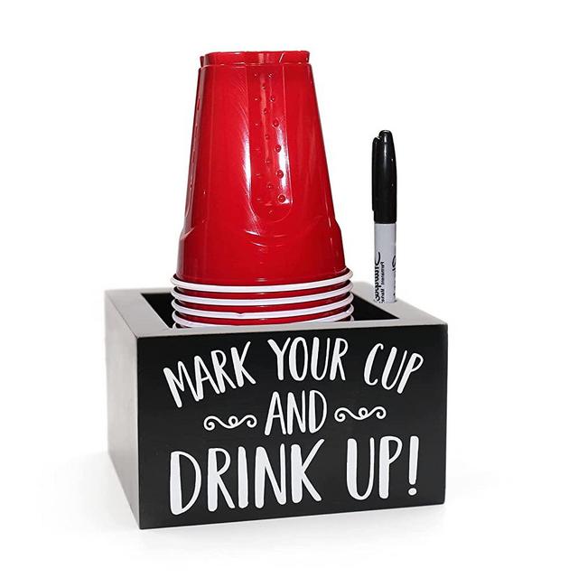 Solo Cup Holder Party Cup Caddy Wooden Party Cup Dispenser Mark Your Cup and Drink Up Plastic Cup Marker Holder Farmhouse Modern Home Decor Holiday Housewarming Hostess Bridal Shower Gift