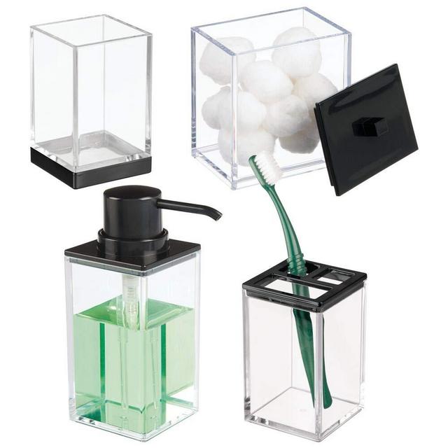 mDesign Plastic Bathroom Vanity Countertop Accessory Set - Includes Soap Dispenser Pump, Divided Toothbrush Holder, Tumbler Rinsing Cup, Storage Canister - 4 Pieces - Clear/Black