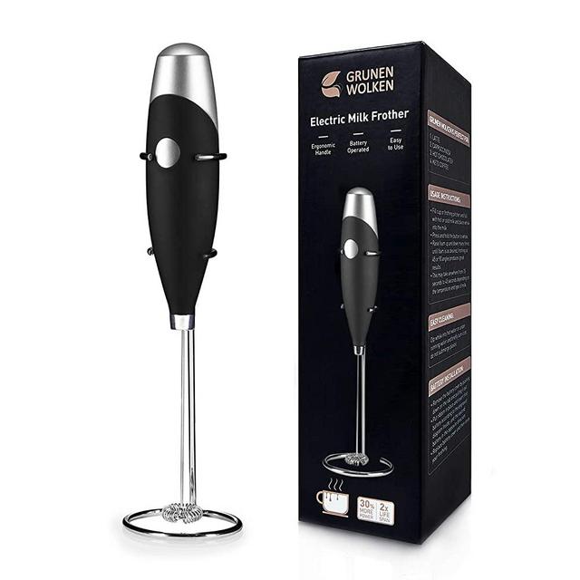 GRUNEN WOLKEN Milk Frother Handheld Get Froth in 7 Seconds High Powered Low Noise with Support Stand and Coffee Stencils Electric Milk Coffee drink Mixer Perfect for Coffee Cappuccino Matcha Hot Chocolate (Rubber Black)