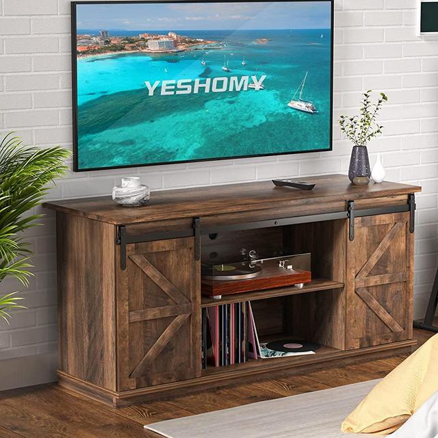 YESHOMY Modern Farmhouse TV Stand with Two Barn Doors and Storage Cabinets for Televisions up to 65+ Inch, Entertainment Center Console Table, Media Furniture for Living Room, 58 Inch, Barnwood