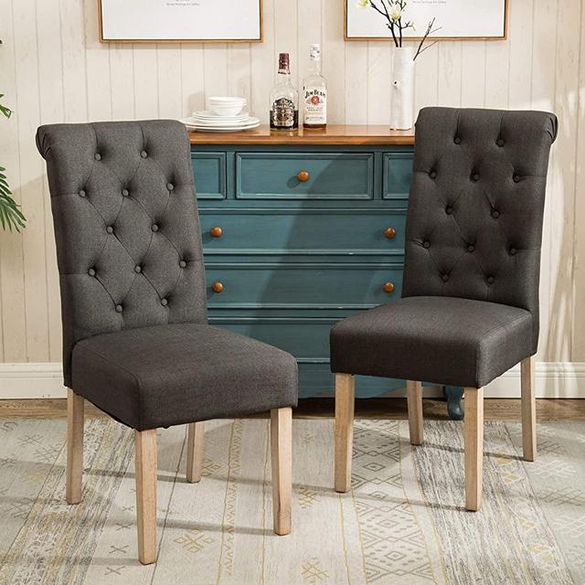 Roundhill Furniture Habit Solid Wood Tufted Parsons Charcoal Dining Chair, Set of 2