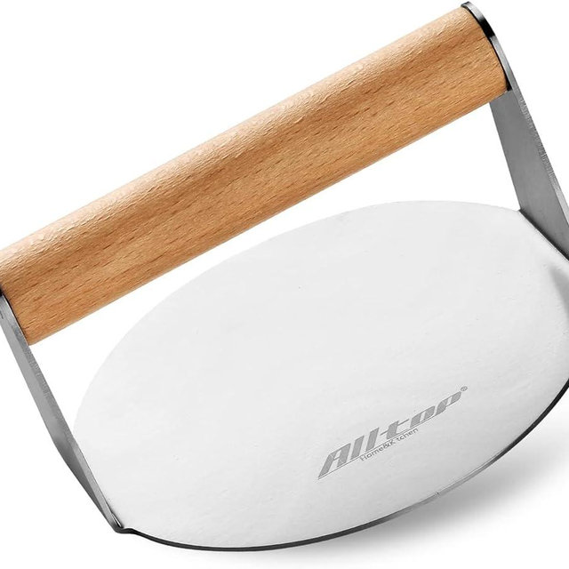ALLTOP Smash Burger Press,Stainless Steel Non-Stick Hamburger Patty Maker for Flat Top Griddle,BBQ,Kitchen - Wood Handle,6.2” Round Grill Tool