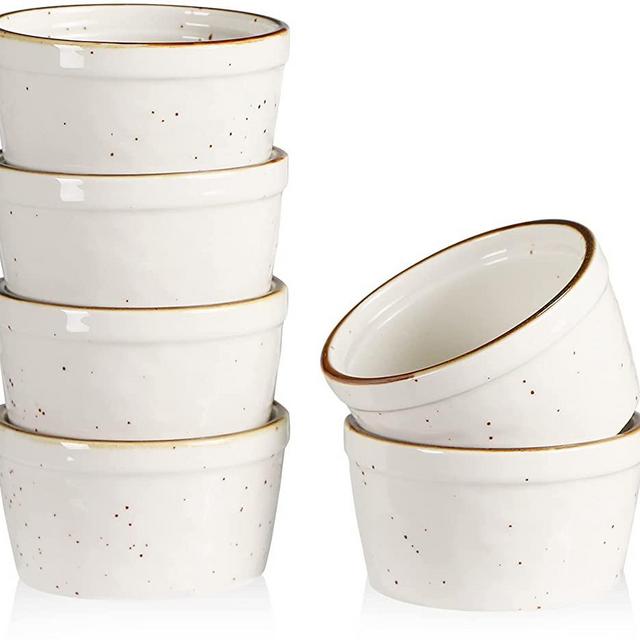 ONEMORE Ceramic Ramekins, 8oz Oven, Dishwasher Safe Baking Cups - Mini Bowls for Pudding, Souffle, Ice Cream - Set of 6, Creamy White