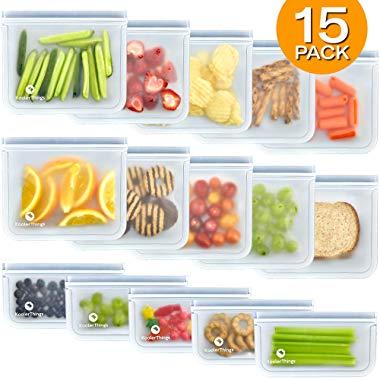 15 Pack FDA Grade Reusable Storage Bags (10 Sandwich & 5 Snack Bags), Leakproof Slicone & Plastic Free Ziploc Lunch Bags, Food Grade PEVA Sandwich Bags and Snack Bags