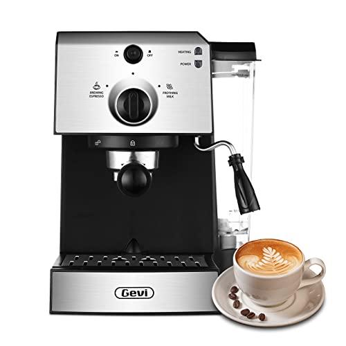 Gevi Espresso Machines 15 Bar Fast Heating Cappuccino Coffee Maker with Foaming Milk Frother Wand for Espresso, Latte Machiato, 1.25L Removable Water Tank, Double Temperature Control System, 1350W, Black/Silver.