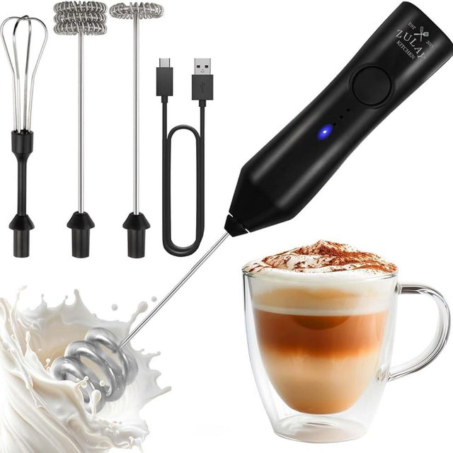 Zulay Kitchen Rechargeable Milk Frother - Dynamic - 3 Speeds, 3 Whisk Attachments, 500 mAh USB Charging, Drink Mixer For Latte, Cappuccino, Matcha, Protein Powder, Coffee Foam - Black