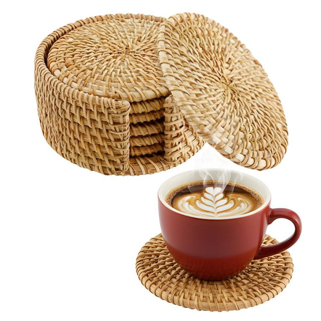 Handwoven Rattan Coasters Set of 6 for Drinks, Boho Wood Cup Coasters with Holder for Tabletop Protection, Vintage Coaster for Desk, Famrhouse, Fall, Thanksgiving, Christmas